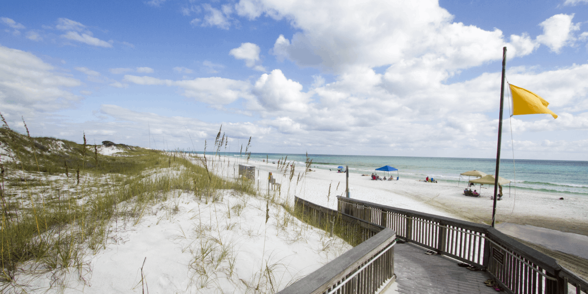 Beach Access Boardwalk and Yellow Beach Safety Flag